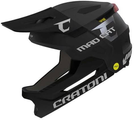 Cratoni Kinderhelm Madcat MIPS, robuster Fullfacehelm für Kinder, Fahrradhelm MTB-Helm Allroundhelm, Kinnbügel abnehmbar, größenverstellbar, inkl. Rücklicht, Unisex, Größe S/M (49-56 cm)