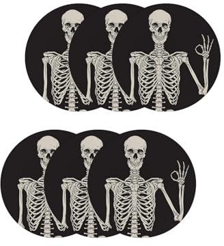 Lot de 6 sous-verres ronds en céramique avec motif squelette et tête de mort