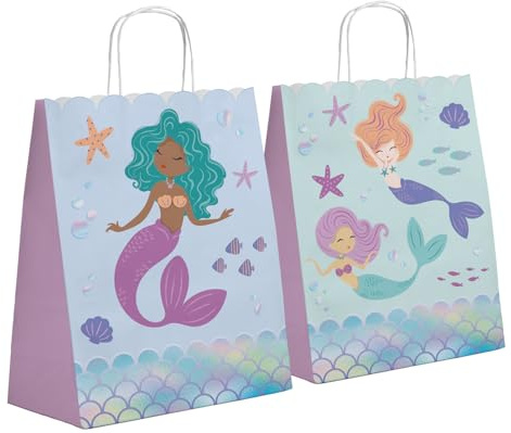 Folat 23931 Mermaid Birthday Decoration Blue with Iridescent Glitter Gift Bags 20 x 27 cm Pack of 6