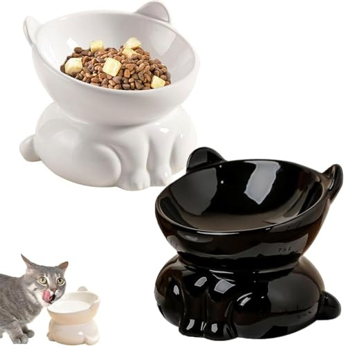 Gezipvn 2 Pcs Elevated Cat Food Bowl, Ceramic Raised Cat Bowls,Cat Feeding Bowl Neck Protective Bowl, 14° Tilted Raised Cat Feeder