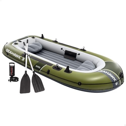 Intex Barca Hinchable, Modelo Seahawk 3, Mide 295x137x43 cm, Máx. 360 kg, para 3 Personas, Incluye remos y Asientos, Bomba de inflado, Parche reparación, 3 cámaras de Aire, Pesca o recreo (66333)