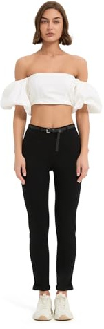 GLOWELFA Pantalon Noir Femme Taille Haute Coupe Droite Slim Stretch Cigarette à Taille Élastique Chic et Élégant