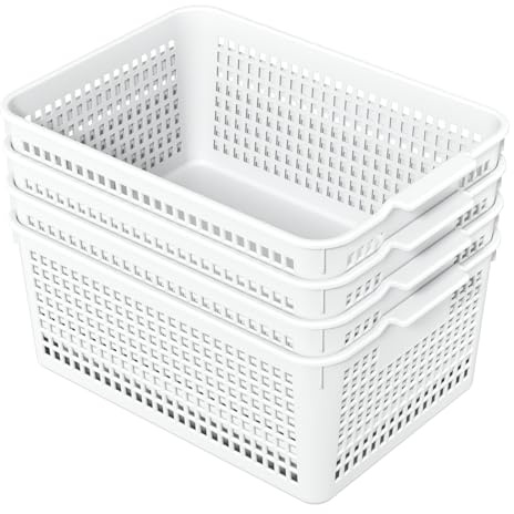 Ysmiltion 4 Packs Large Plastic Storage Basket Kitchen Cupboard Boxes White | Rectangular Woven Organizer Baskets for Shelves, Desktop, Office
