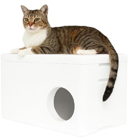 QLS Katzenhaus aus Styropor isoliert 58 x 38 x 35,5 cm Weiß | Wetterfestes Polystyrol-Schutzhäuschen 4 cm Wandstärke Innenmaße 50 x 30 x 28 cm für Ruheplätze außen