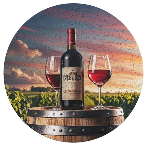 Casse-tête en bois personnalisé en forme de tonneau de vin sur bouteille de vin, 195 pièces, puzzle rond en bois personnalisé, cadeau pour adulte