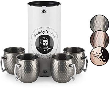 Buddy´s Bar - Moscow Mule Becher, 500 ml, hochwertiger Edelstahl-Becher, lebensmittelecht, Hammerschlag-Effekt, Cocktail-Tasse inkl. Geschenkbox, gehämmert, Edelstahl Antik, 4er Set