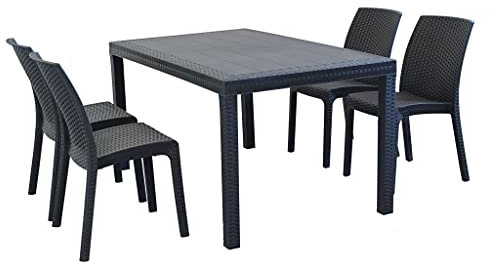 MilaniHome Set Tavolo da Giardino Rettangolare Fisso Cm 150 X 90 con 4 Sedie in Wicker Stampato Antracite da Esterno Giardino