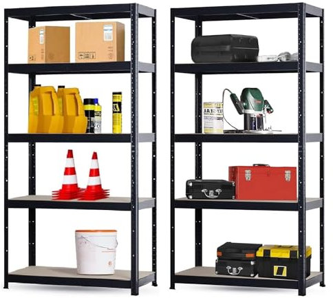 Brigros Scaffale Metallo Garage 180x90x40cm Ad Alta Portata 875kg, 5 Ripiani Mdf, Scaffale Salvaspazio Ideale Per Garage, Officina, Cantina, Magazzino, Design Modulare (Doppio, Nero)