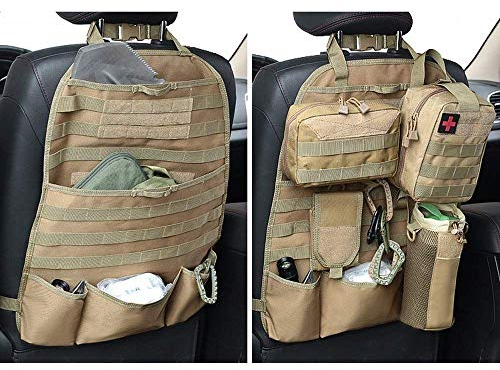 wrumava Organizador de respaldo de asiento de coche, panel táctico Molle de nailon, ajuste universal, protector de cubierta de asiento trasero de coche (Olny Tan Molle organizador de asiento)