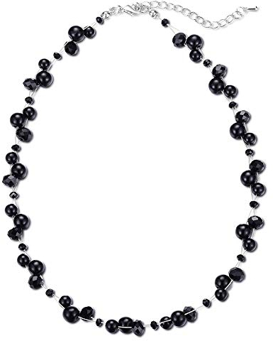 Bulinlin Damen Kristall Perlenkette Silber Boho Statement Choker Halskette für Frauen Modeschmuck Geburtstagsgeschenke(Black)