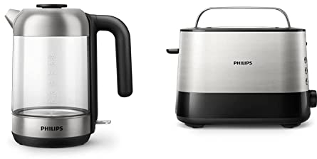 PHILIPS Bollitore Elettrico Hd9339/80 In Vetro Trasparente, Con Spia Luminosa Led Blu, Capacità 1,7 L & Hd2637/00 - Tostapane Con Fessura Ampia, 950 W Métal/Noir