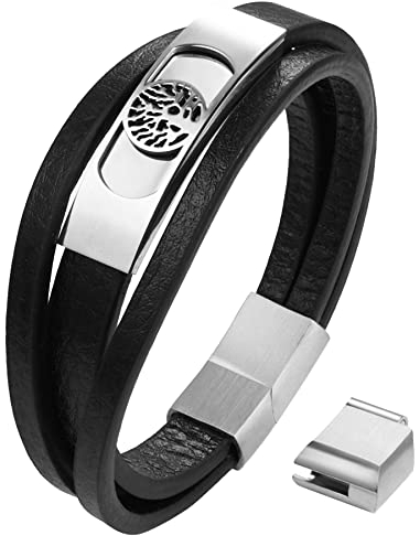 JewelryWe Schmuck Lebensbaum Armband Herren Lederarmband Baum des Lebens Leder Geflochten Mehrreihiges Verstellbar Armreif Manschette Wickelarmband mit Edelstahl Magnetverschluss Silber