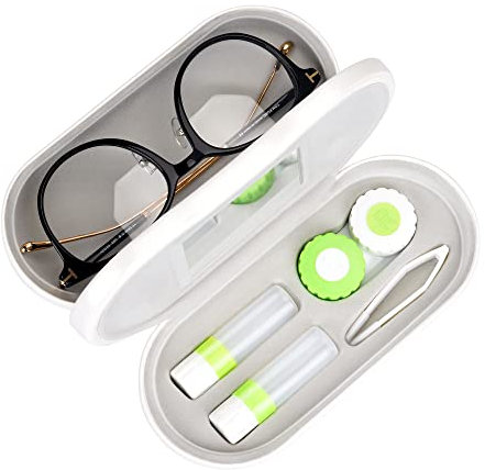 Muf 2 in 1 Double Sided Portable Contact Lens Case and Eyeglasses Case,Dual Use Design with Built-in Mirror, Tweezer and Contact Lens Solution Bottle Included for Travel Kit,Pearl White