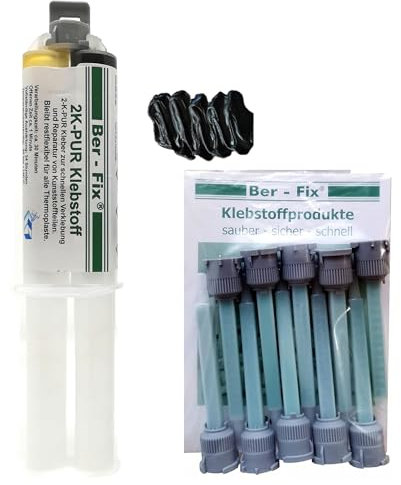 Ber-Fix 2K PUR 25g Schwarz – Schneller 2K-Kunststoffkleber mit 11 Mischspitzen für schnelle und starke Verklebungen, perfekte Reparaturlösung für schwarze Kunststoffteile