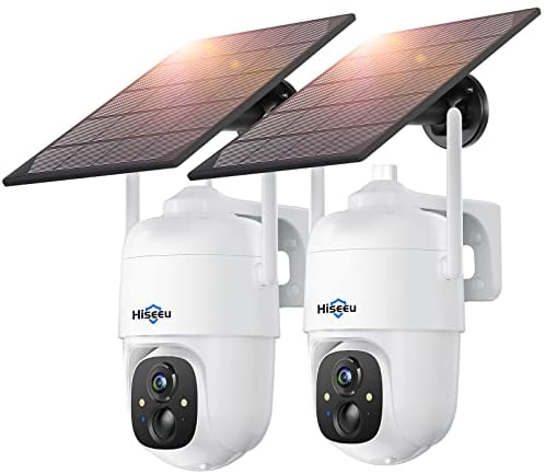 Hiseeu 3MP Überwachungskamera Aussen Akku 9000 mAh für den Außenbereich mit Farb-Nachtsicht,360°PTZ-Kamera mit Solarpanel,AI-PIR Bewegungserkennung,Sirenenalarm,IP66 wasserdicht, SD/Cloud Speicher