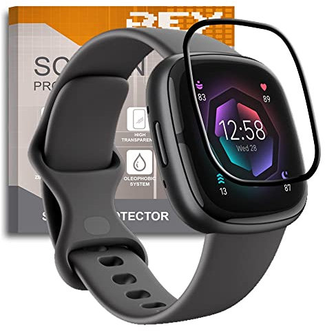 REY 2X Protector de Pantalla Curvo 3D para Fitbit Sense 2 - Fitbit Versa 4, Negro, Protección Completa, 3D / 4D / 5D