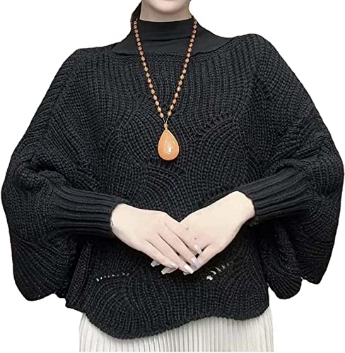 Strickschal mit Fledermausärmeln, Warmer Strickschal für Damen im Winter, lockerer Zopfmuster-Strickpullover mit Fledermaus (Schwarz,1 Stück)