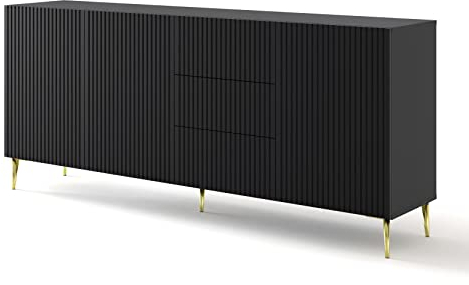 BIM Furniture Kommode Ravenna B 3D3S 200 cm mit gefräster Front Hochwertiges MDF, Sideboard, Buffet auf goldenen Metallstiftbeinen, 3 Schränke, 3 Schubladen (Schwarz Matt)