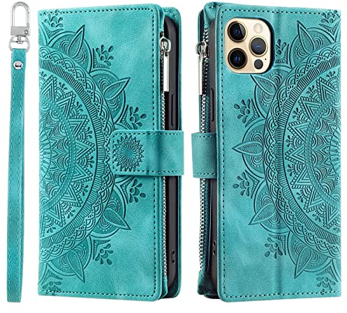 VEEMOS Coque pour iPhone 12/12 Pro Cuir PU Étui Portefeuille à Rabat Housse Flip Case avec Porte Cartes Etui de Protection - Vert