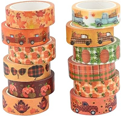 12 Rolls Thanksgiving Washi Tape Set Multi-Muster Dekorative Washi Tape Kürbis ästhetische Pastellband Orange Japanische Maskierung Beschreibbare Dekorative Tape für DIY Scrapbooks Geschenkverpackung