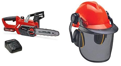 Einhell Motosierra a batería GE-LC 18/25 Li Kit Power X-Change (18V, velocidad de corte 4.3 m/s, longitud de corte 23 cm, cadena y espada Oregon, batería 3.0Ah y cargador) + Casco de protección