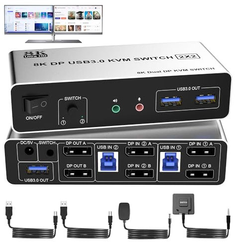 8K@60Hz DisplayPort KVM Switch 2 PC 2 Monitore 4K@120Hz DP 1.4 USB 3.0 KVM Switches für 2 Computer mit 3 USB Anschlüssen und Audio Mikrofon Ausgang