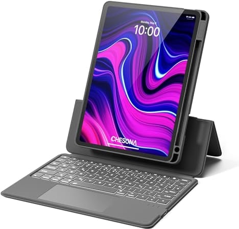 CHESONA iPad Air 2024 Hülle mit Tastatur 11 Zoll, Backstand Rugged Taststur für iPad Air 5/4 mit Touchpad, 15°-180° Verstellbarer Ständer, QWERTZ Tastatur iPad Pro 11, Grau
