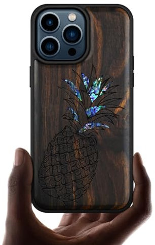 Carveit Designer Wooden Protective Case for iPhone 15 Pro Max Magnetic Case Cover [Wood Engraving & Shell Inlay] Compatible with 15 Pro Max MagSafe Case (Pineapple-Blackwood)