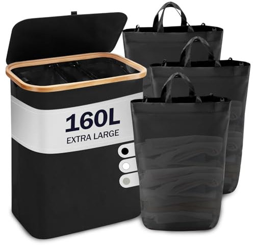 YOUDENOVA 160L Bamboo Laundry Basket with Lid, 3 Compartments Large Washing Basket with Removable Bag, Collapsible Laundry Hamper with Handles, Laundry Bin, Black