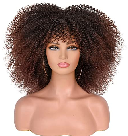Topcosplay Afro Perücke Lockige Blond Perücke mit Pony für Frauen Natürlich Synthetische Haar Perücken für Halloween Kostüm (Braun)