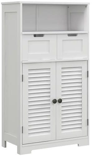 kleankin Meuble de Salle de Bain sur Pied, Meuble de Rangement, étagère réglable, Armoire Gain de Place, Placard 2 Portes, 2 tiroirs, Niche, 61 x 30,5 x 109,5 cm, Blanc