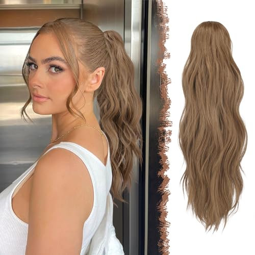 FESHFEN Gewellt Pferdeschwanz Haarteil mit Klammer, 50cm Pferdeschwanz Zopf Extensions Claw Clip in Wavy Ponytail Extension Synthetik Haarverlängerung für Damen Hellbraune Mischung Natürliches Blond