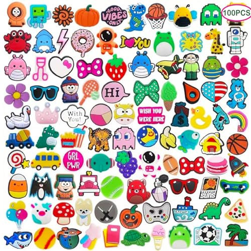Acuiwer 100 PCS Shoe Charms Adornos de Zapatos PVC Encantos Cristal Clog Adornos para Zapatos para Niñas Mujeres Niños (D-MIX-100)