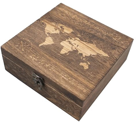JINGHANGER Abenteuer Archivbox Abenteuer Holzkiste 19,5x19,5x7 cm Holzbox Aufbewahrungsbox Geschenkbox Weltkarte pattern Erinnerungsbox Reise Sammelbox