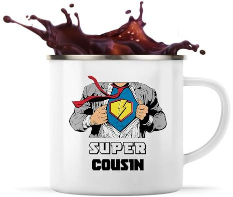 Planetee Tasse métallique Super Cousin | Mug Émaillé Métal Timbale Camping et Randonnée Famille Cadeau Noël Anniversaire Homme