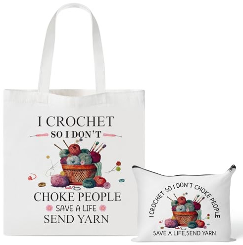Y1tvei Häkel Canvas Tasche – 2 Stück Crochet Style Kosmetiktasche Set Tragetasche, Einkaufstasche Zipper Pouch, Wiederverwendbare für Häkeler Frauen Weihnachts Strickgeschenke
