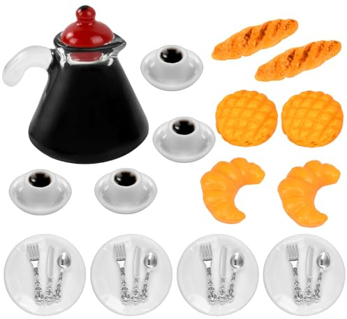 Miniatur Essen und Trinken, 1:12 Miniatur Lebensmittel Set Miniatur Puppenhaus Zubehör, Puppenhaus Miniatur Frühstück Brot Milch Tassen Teller Gabel Löffel Miniatur Wichtel Zubehör Küche Lebensmittel
