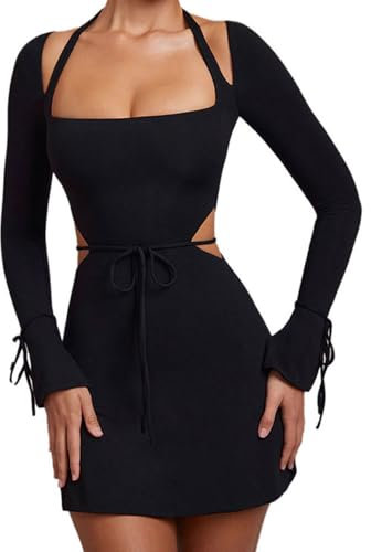 RPAEOY Vestito Donna Elegante Sexy Avvolgente Abito con Scollo Quadrato Maniche Lunghe Aderente Vestiti Moda Slim Miniabito per Festa Cocktail (Nero/M)