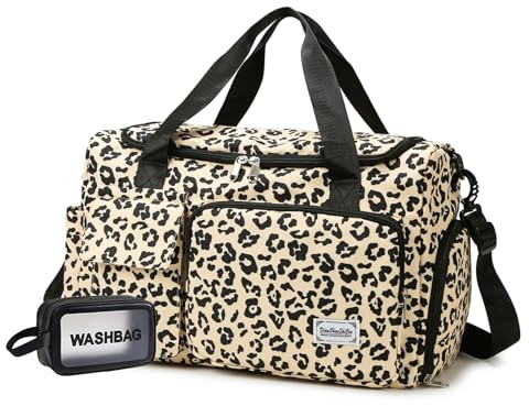 Kleine Sporttasche für Damen, Reisetasche, Handgepäck, Wochenendtasche mit Schuhfach, Leopardenmuster, Gelb, Small, Turnbeutel und Kulturbeutel