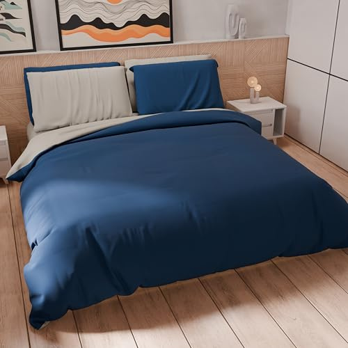 PETTI Artigiani Italiani - Double Duvet Cover Set 200 x 200 cm (1 Pillowcase 50 x 80 cm Included) Soft Microfibre Duvet Cover Set, Plain Grey Light Grey - Night Blue