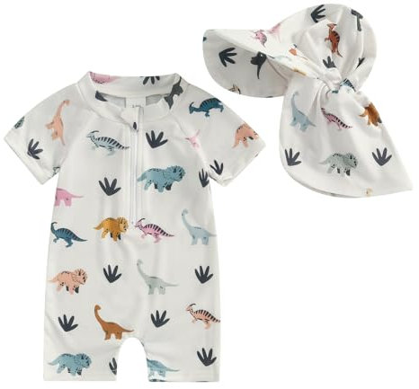 Maillot de Bain Bébé Garçon Combinaison Anti-UV à Manches Courtes Tenue de Natation Animal +Chapeau de Soleil (Beige, 18-24 Months)