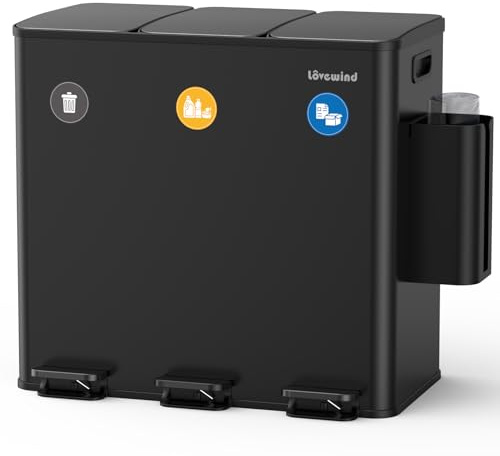 lovewind Poubelle Cuisine, 3 x 20L,Poubelle Tri Selectif, 3 Compartiments, Bacs Amovibles,Couvercles à Fermeture en Douceur, Poubelle de Tri,Acier, Noir