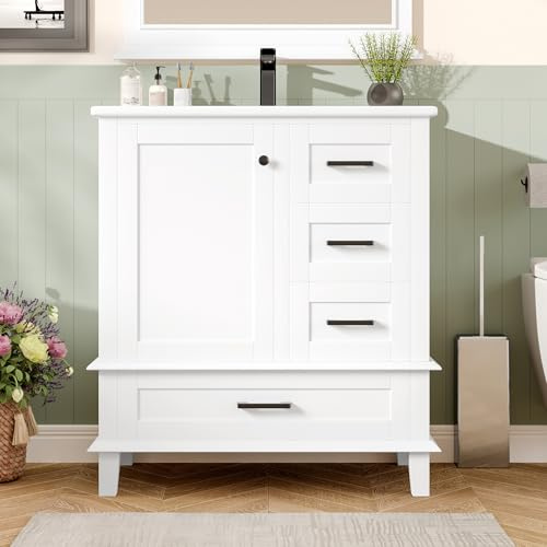 Merax Armoire de salle de bain à poser au sol avec lavabo, lavabo en céramique intégré, entièrement laqué, étagère de porte, trois tiroirs silencieux, lavabo en céramique intégré, blanc, 76 x 46 x