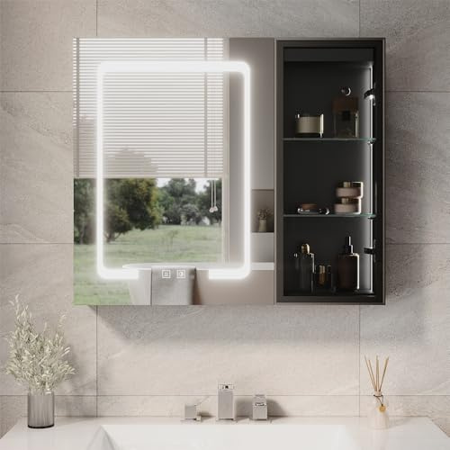 SUNXURY Spiegelschrank Bad 70cm mit Beleuchtung, Badspiegelschrank mit glasablage, 3 Farbe modi, Anti-Beschlag, Steckdose und Touch, Badschrank hängend aus MDF, 700x600x125mm Schwarz