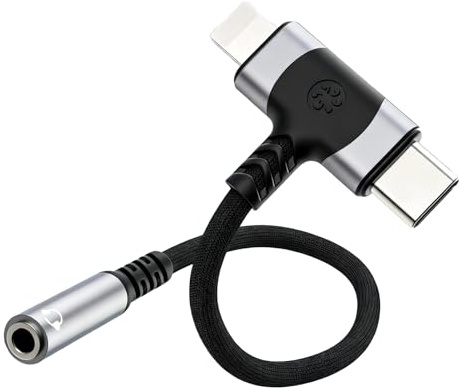 Adattatore 2 in 1 Per USB-C e Lightning a jack USB-C da 3,5 mm – Adattatore AUX Hi-Fi con DAC – Compatibile con iPhone 16/15/14/13, Samsung S24/S23/S21, MacBook, iPad, Pixel