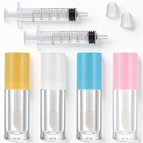 4 Pcs Refillable Lip Balm Containers Empty Lip Gloss Tubes 5ml Clear Refillable Lips Balm Bottles Mini Lipstick Containers with 2 Pcs Syringe Lips Glosses Container for DIY Makeup Lipgloss Making Kit