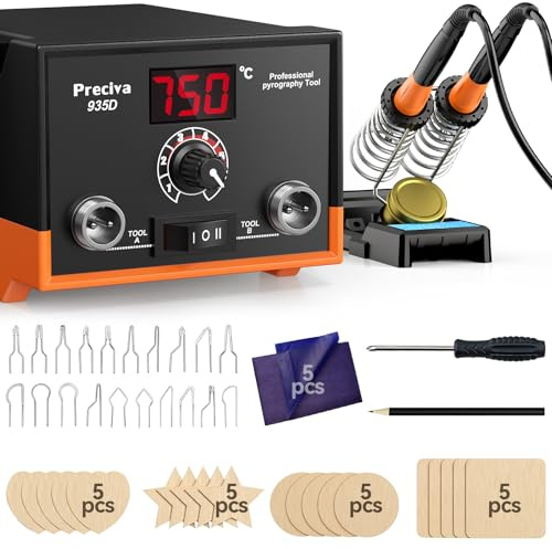Preciva 935D Pyrograveur sur Bois, Affichage Numérique Graveur Bois, 250-750℃ Température Réglable Gravure sur Bois avec 2 Stylo Graveur, 20 Pointes, 20 Copeaux de Bois, Adulte Bois pour le Bois Cuir