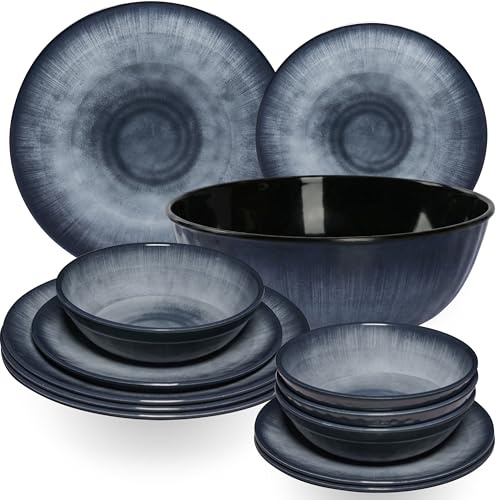 Service de vaisselle Jesolo en mélamine gris pour 4 personnes - 13 pièces avec saladier - Aspect grès - Passe au lave-vaisselle - Vaisselle de camping, accessoires de camping, vaisselle pour caravane