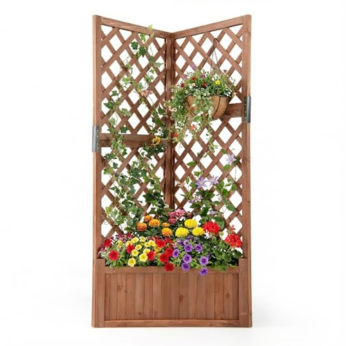 COSTWAY Letto da Giardino Rialzato ad Angolo con Traliccio e Fori di Drenaggio, Fioriera in Legno Elevata per Piante Rampicanti, Fiori e Verdure, Ideale per Interno ed Esterno (Marrone)