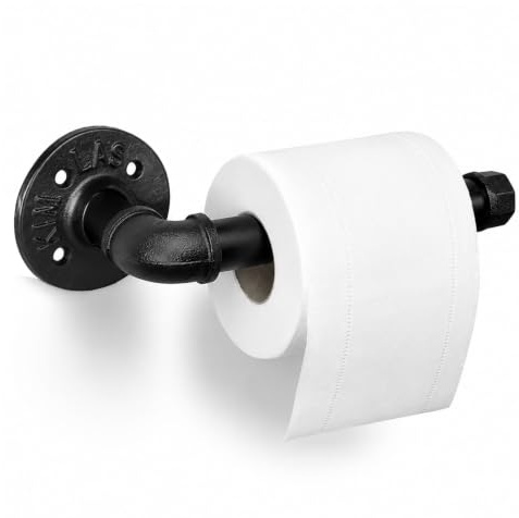 CHEOTIME Industrial Pipe Toilet Paper Holder, 7.5 x 3.9in Vintage Wall Mounted Paper Holder Heavy Duty Iron Rustic Toilet Roll Holder for Bathroom Bedroom Kitchen Black